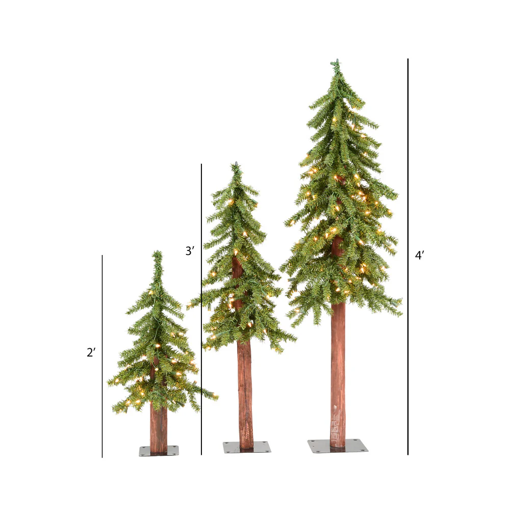 4'Hx25"W Set Of Natural Trunk Alpine Artificial Christmas Trees, LED Pre-Lit -Green - Image 2