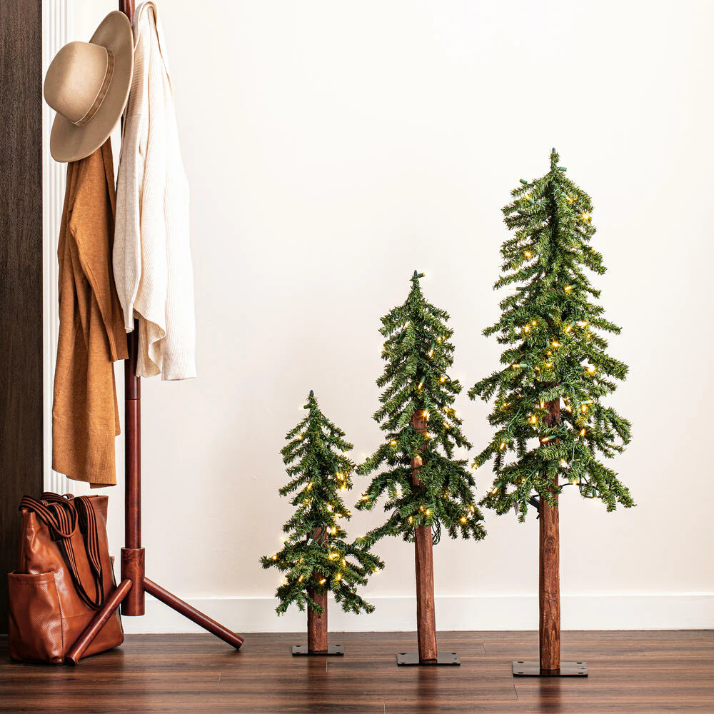 4'Hx25"W Set Of Natural Trunk Alpine Artificial Christmas Trees, LED Pre-Lit -Green - Image 8