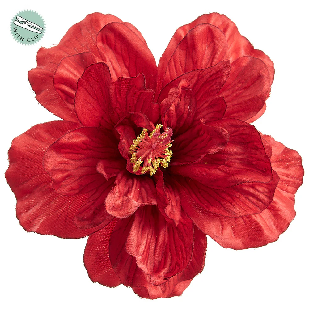 5" Deluxe Hibiscus Silk Flower w/Hair Clip -Red (Pack of 24)