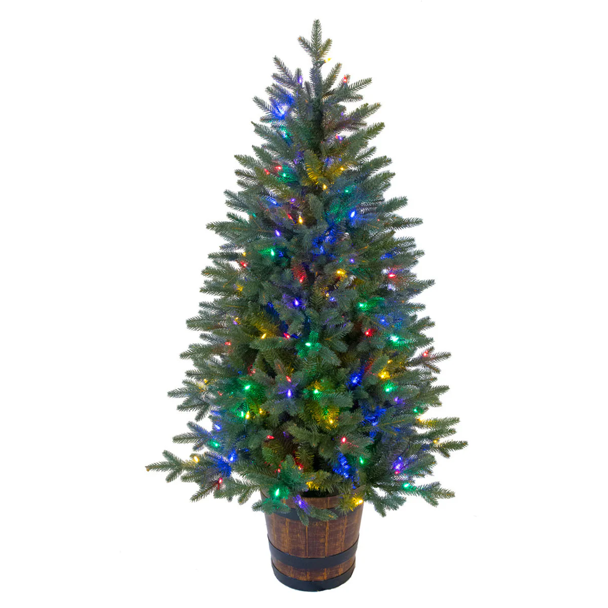 5' PE Slim Hamilton Pine Cone-Shaped Artificial Topiary w/Wood Pot, LED Pre-Lit (Multicolor, Multi-Mode) -Green