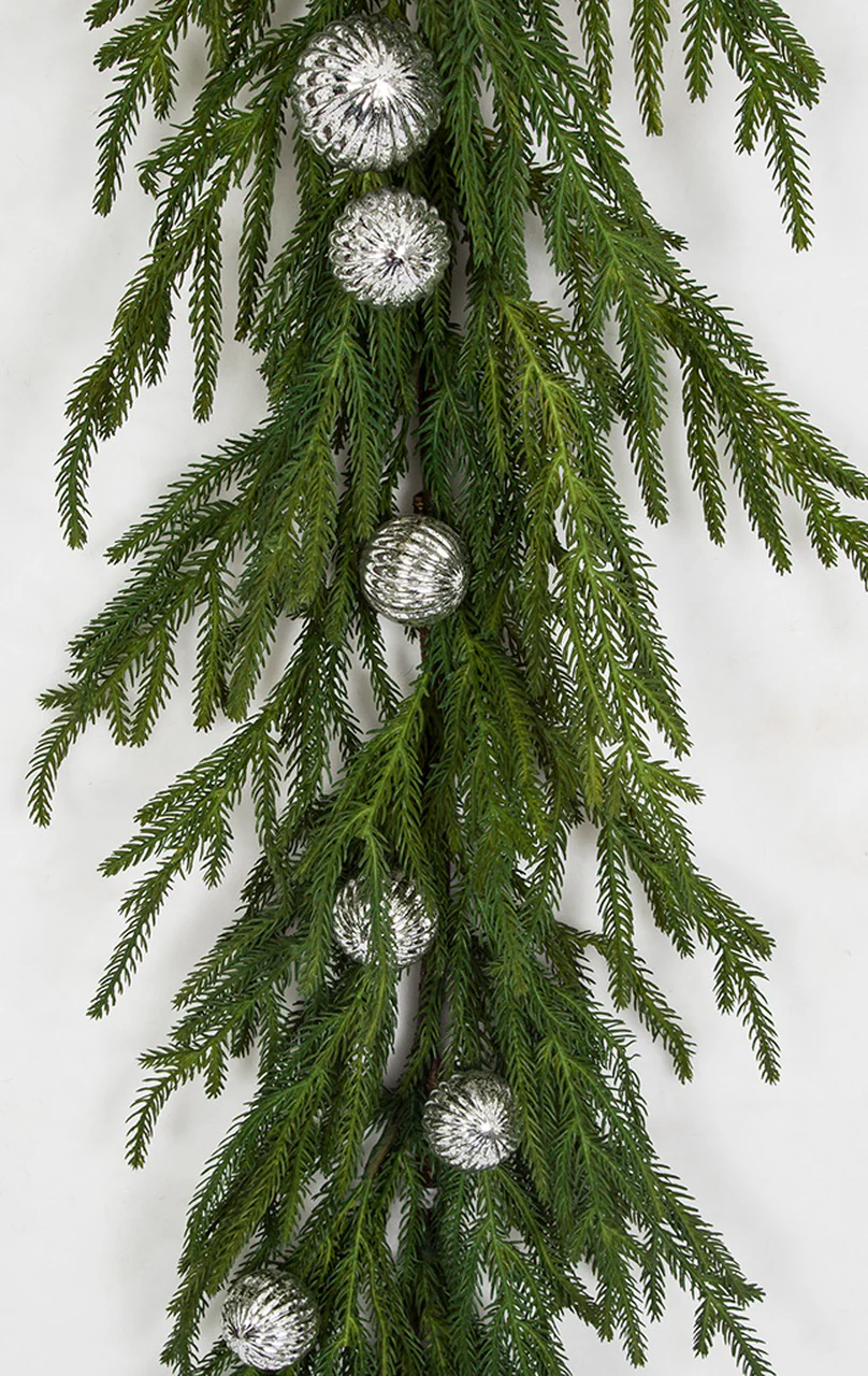 5' Soft-Touch Norfolk Pine & Ornament Artificial Garland -Green/Silver (Pack of 6) - Image 2