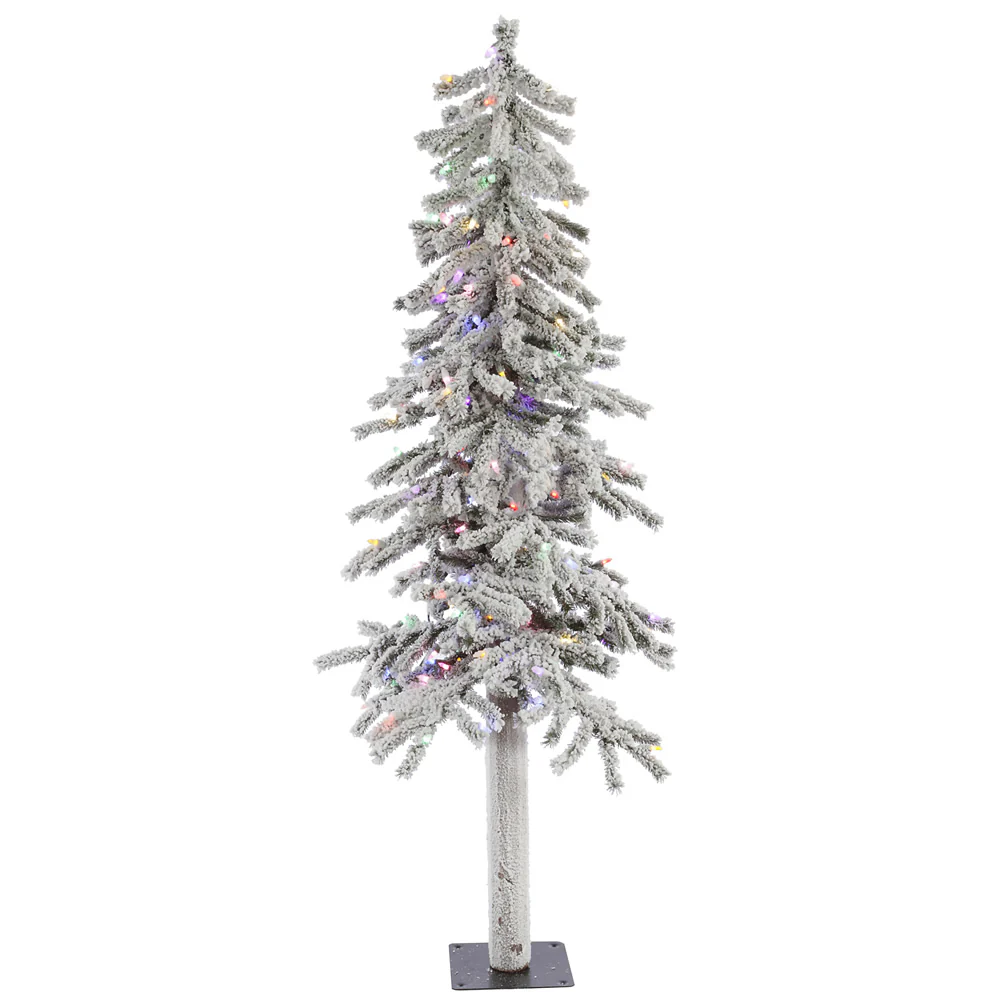 5'Hx27"W Flocked Natural Trunk Alpine Artificial Christmas Tree, LED Pre-Lit (Multicolor) -White/Green