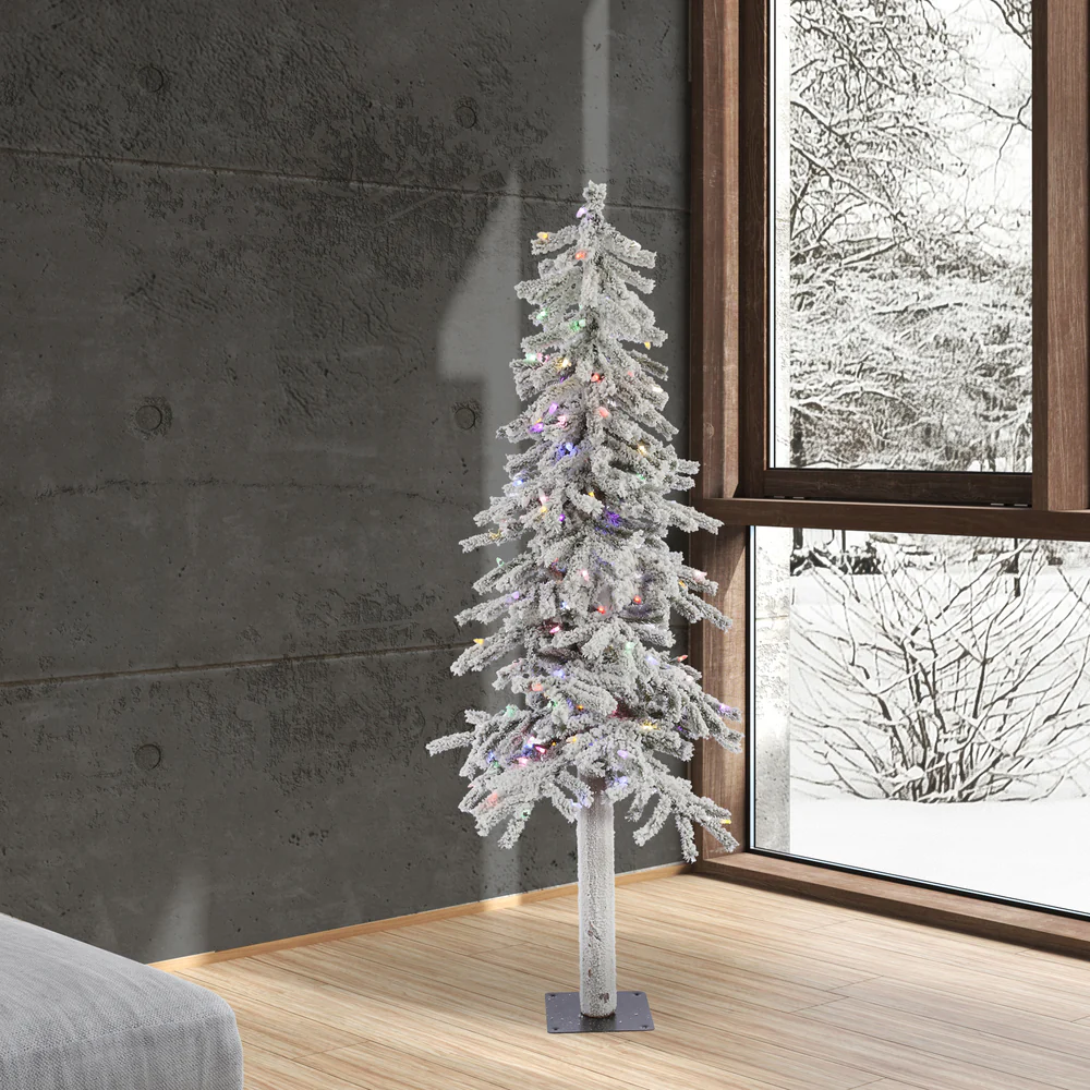 5'Hx27"W Flocked Natural Trunk Alpine Artificial Christmas Tree, LED Pre-Lit (Multicolor) -White/Green - Image 3