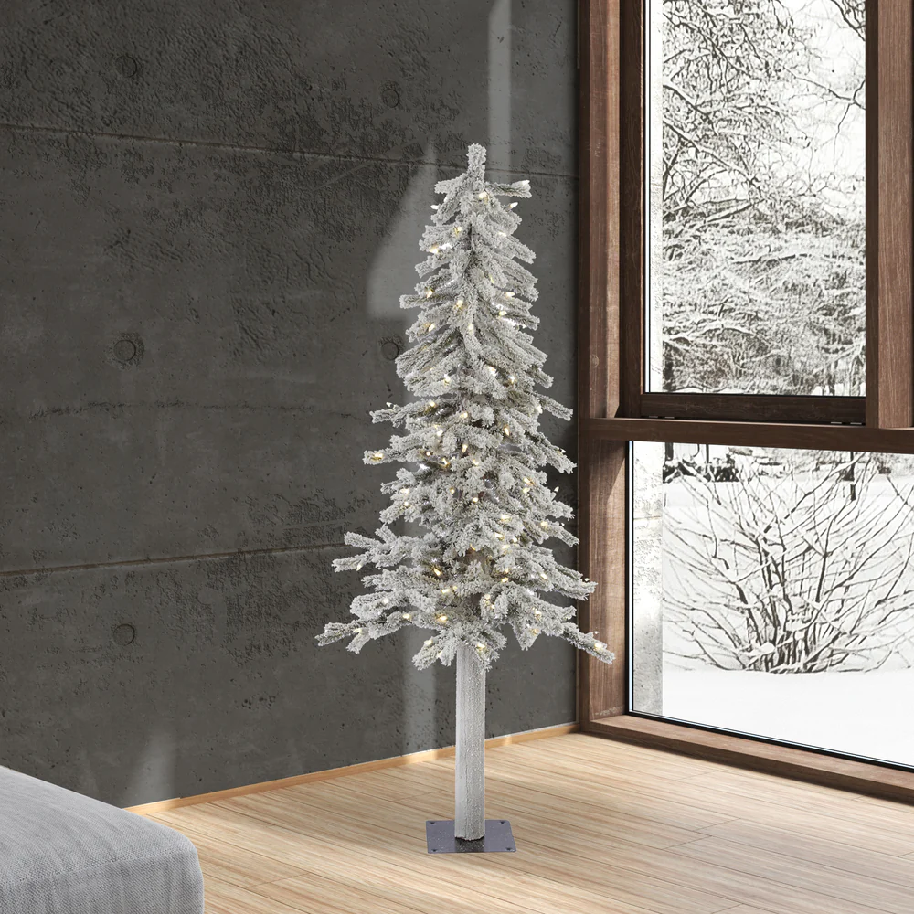 5'Hx27"W Flocked Natural Trunk Alpine Artificial Christmas Tree, LED Pre-Lit -White/Green - Image 3
