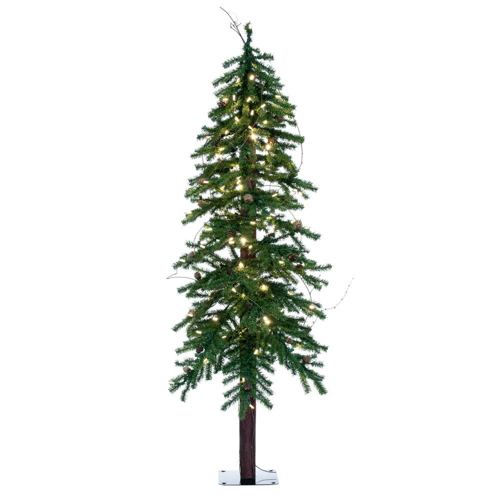 5'Hx27"W Natural Trunk Alpine Artificial Christmas Tree With Pinecone & Vines, LED Pre-Lit -Green