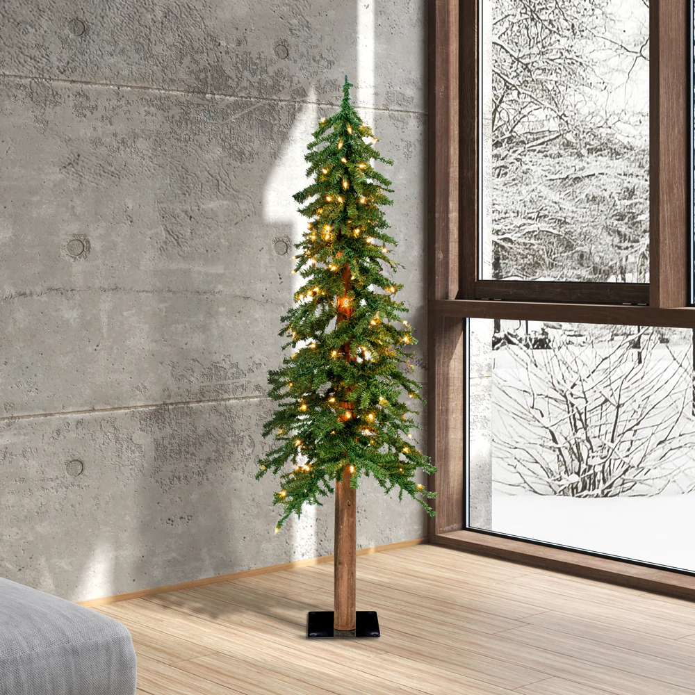 5'Hx28"W Natural Trunk Alpine Artificial Christmas Tree, LED Pre-Lit -Green - Image 8