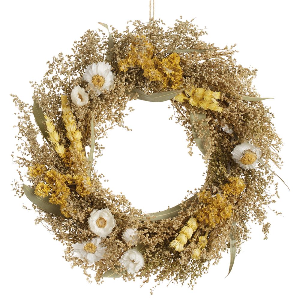 6.5" Preserved Daisy & Yarrow Flower Wreath -Yellow/White - Image 2