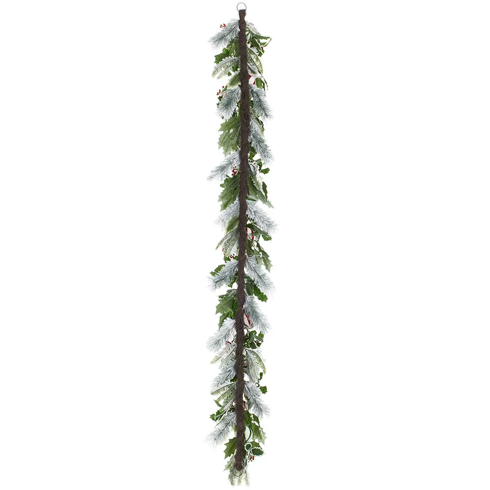 6' Flocked Holly, Ball & Pine Artificial Garland -Green/Red (Pack of 2) - Image 2