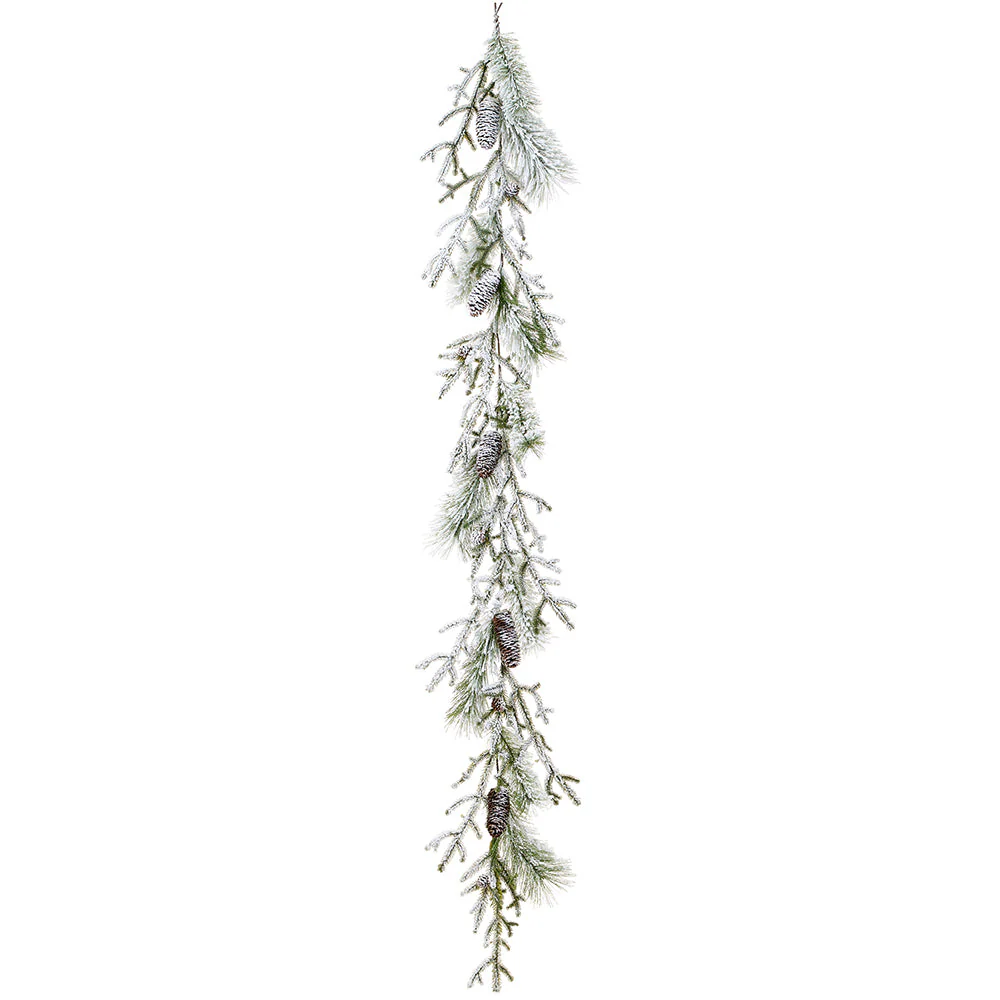 6' Flocked Pine & Pinecone Artificial Garland -White/Green (Pack of 12)