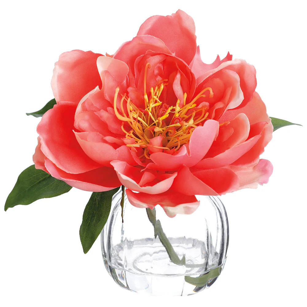6" Peony Silk Flower Arrangement w/Glass Vase -Coral (Pack of 6)