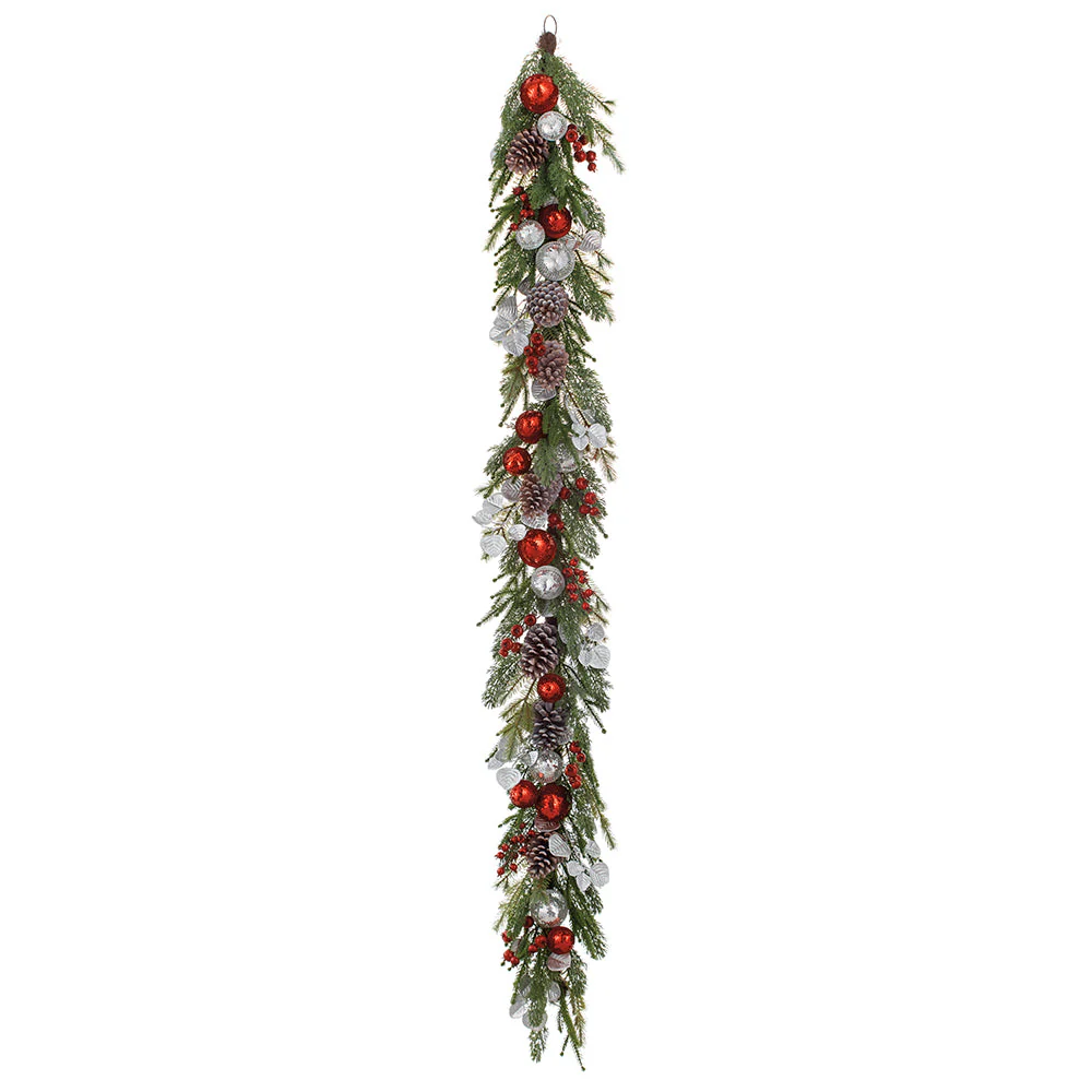 6' Sequin Ball, Berry, Pinecone & Pine Artificial Garland -Red/Silver (Pack of 4)