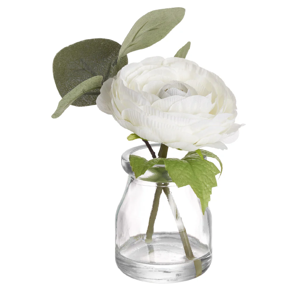 6" Silk Ranunculus Flower Arrangement w/Glass Vase -White (Pack of 6)