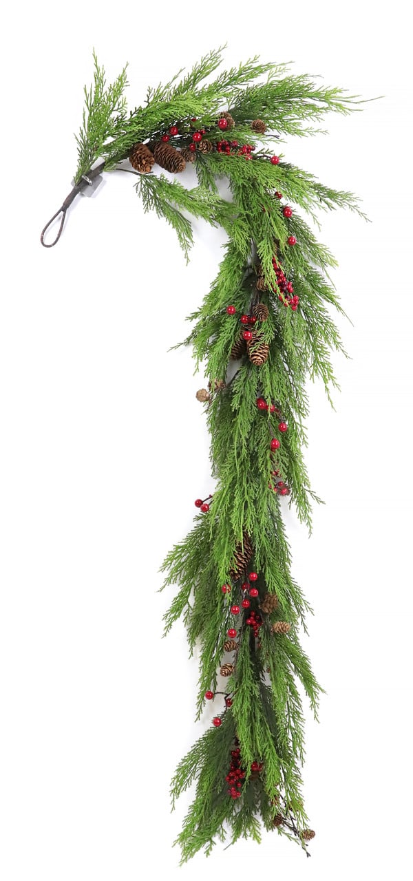 6' Soft-Touch Artificial Cedar, Pinecone & Berry Garland -Green/Red (Pack of 2) - Image 2