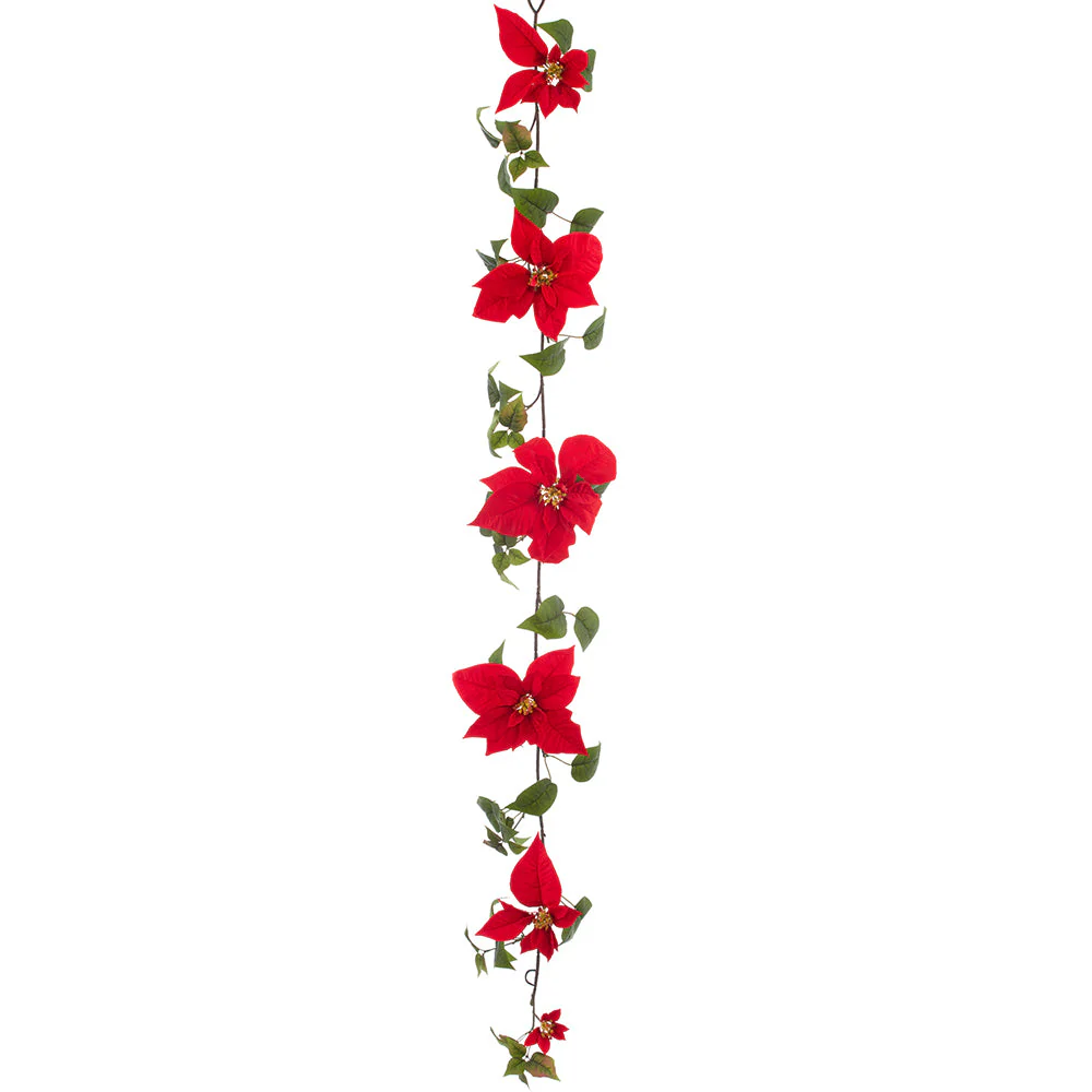 6'1" Velvet Poinsettia Flower Artificial Garland -Red (Pack of 4)
