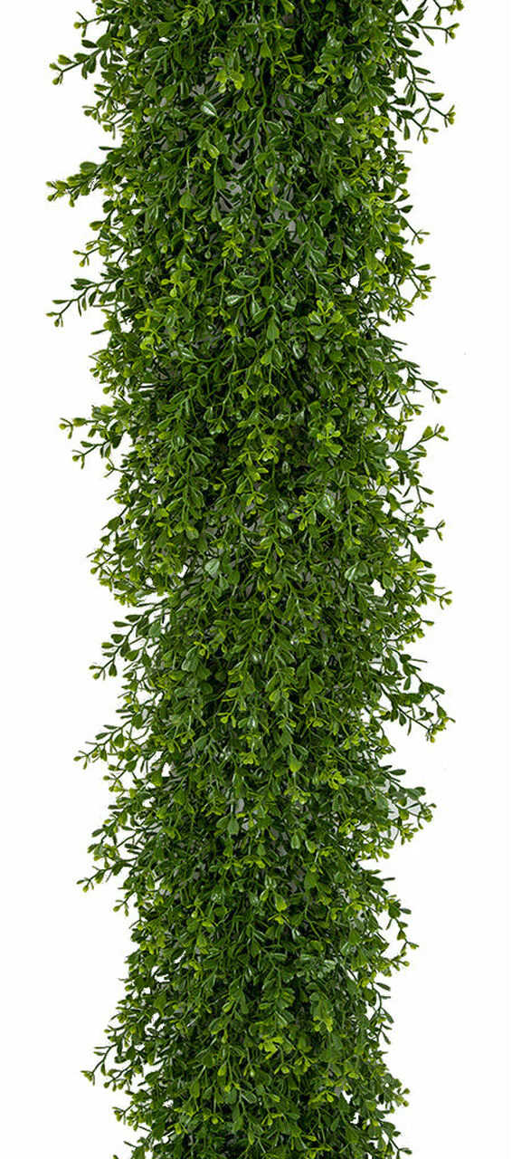 6'6" Outdoor UV-Resistant Artificial Mini Leaf Boxwood Garland -2 Tone Green (Pack of 2) - Image 2