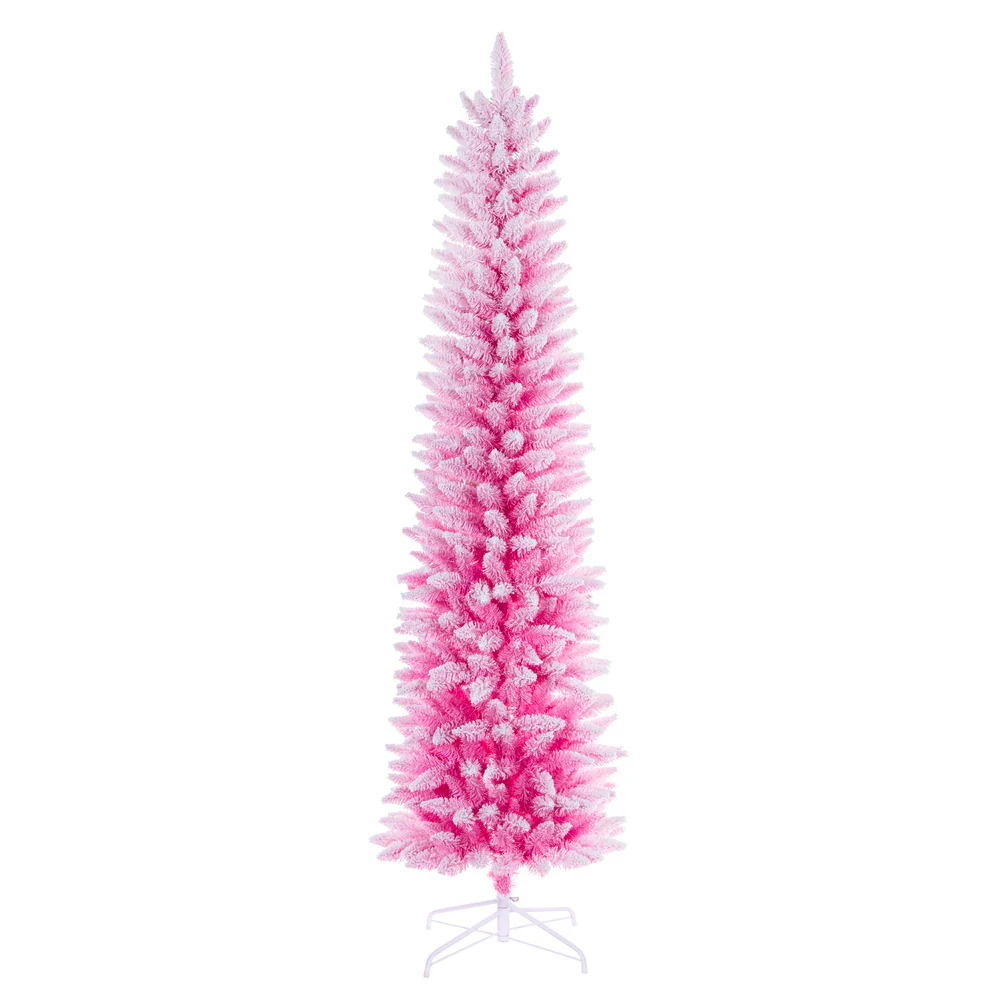 6'6"Hx26"W Flocked Fir Artificial Christmas Tree, Unlit -Pink/White
