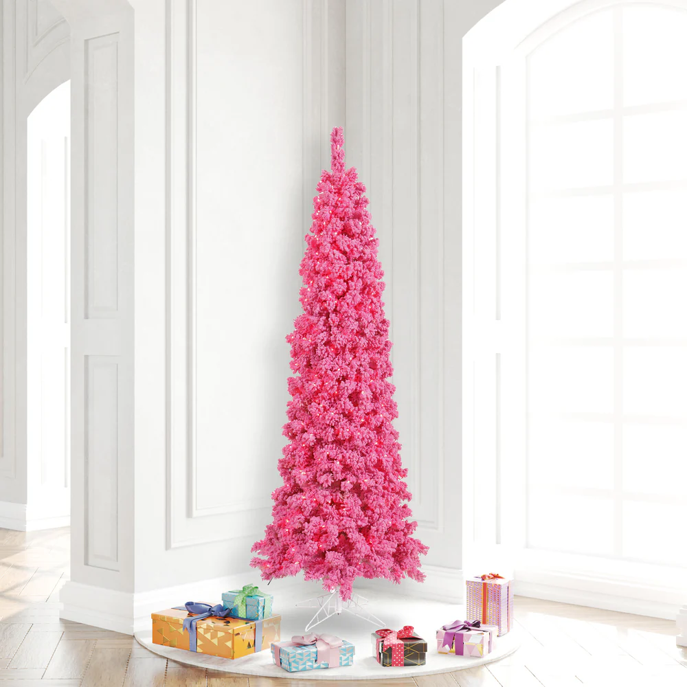 6'6"Hx27"W Flocked Pencil Fir Artificial Christmas Tree, LED Pre-Lit (Pink) -Pink - Image 3