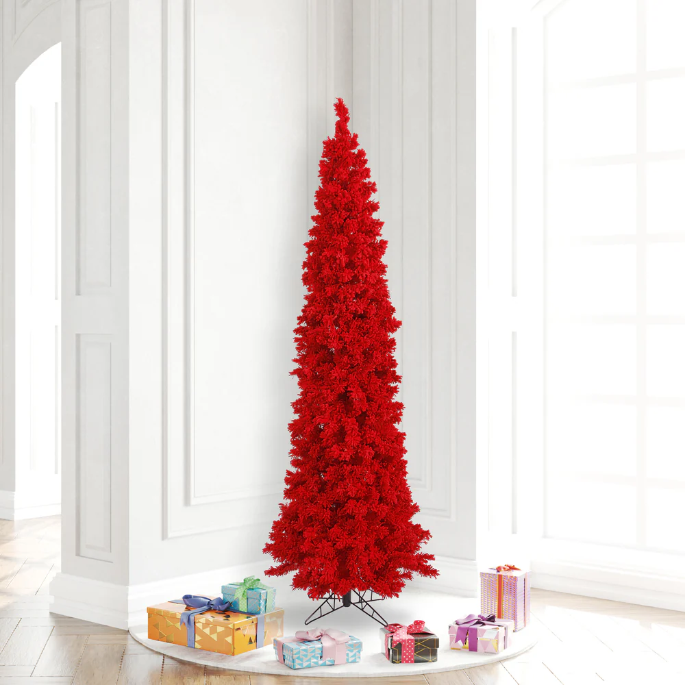 6'6"Hx27"W Flocked Pencil Fir Artificial Christmas Tree, Unlit -Red - Image 4