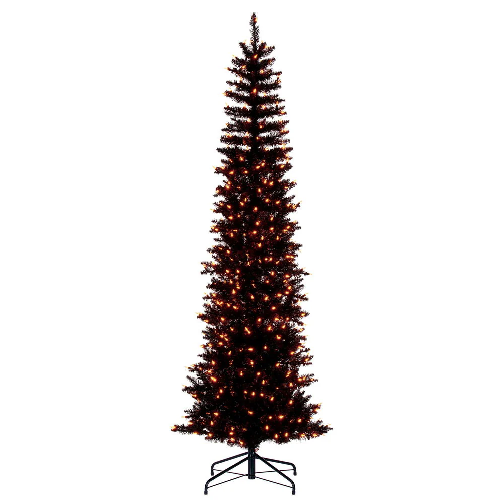 6'6"Hx28"W Pencil Artificial Christmas Tree, LED Pre-Lit (Orange) -Black