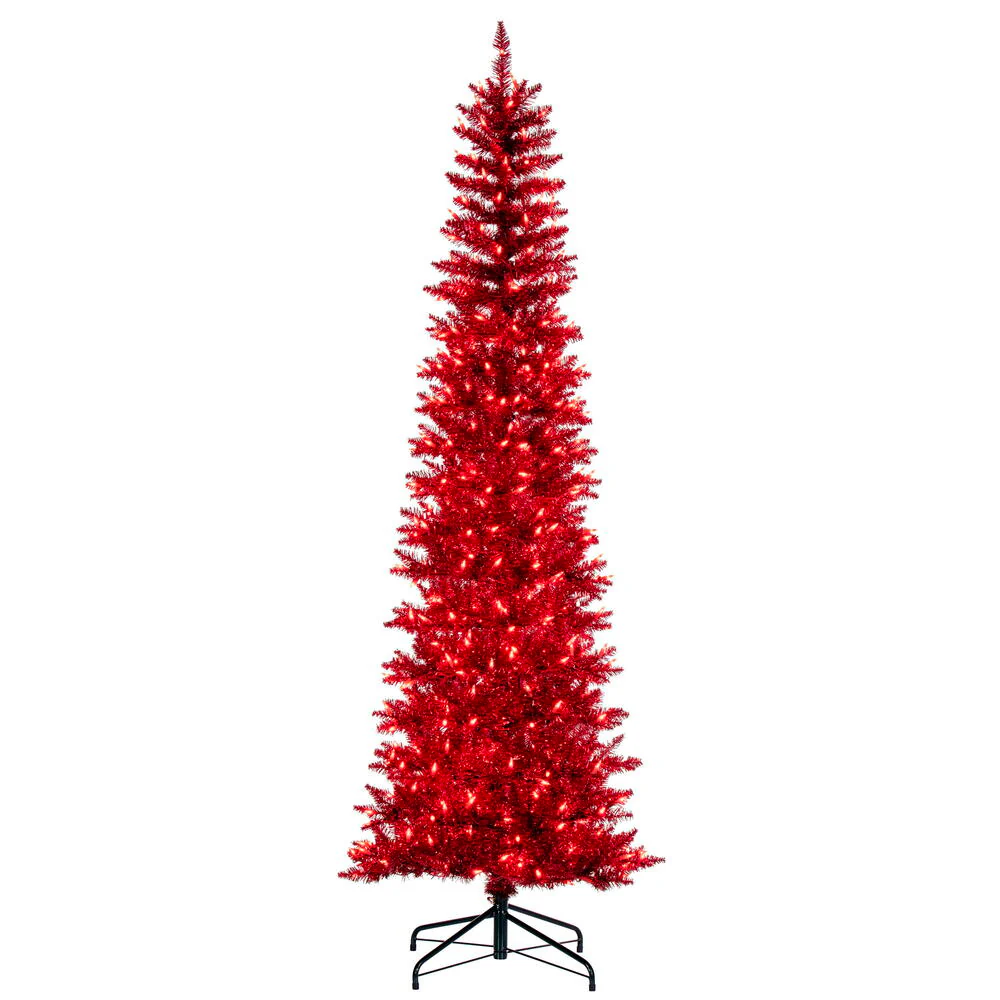 6'6"Hx28"W Tinsel Pencil Artificial Christmas Tree, LED Pre-Lit (Red) -Red