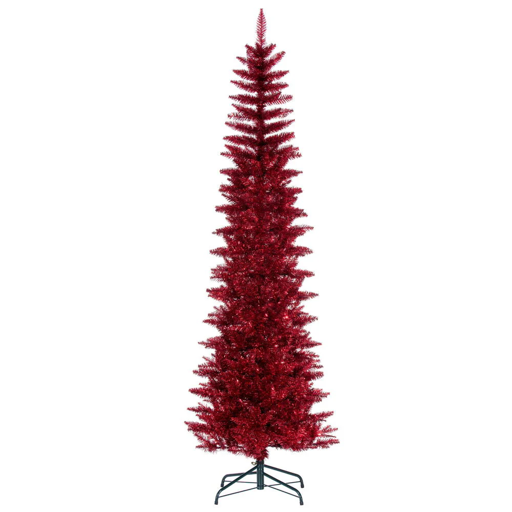 6'6"Hx28"W Tinsel Pencil Artificial Christmas Tree, Unlit -Red
