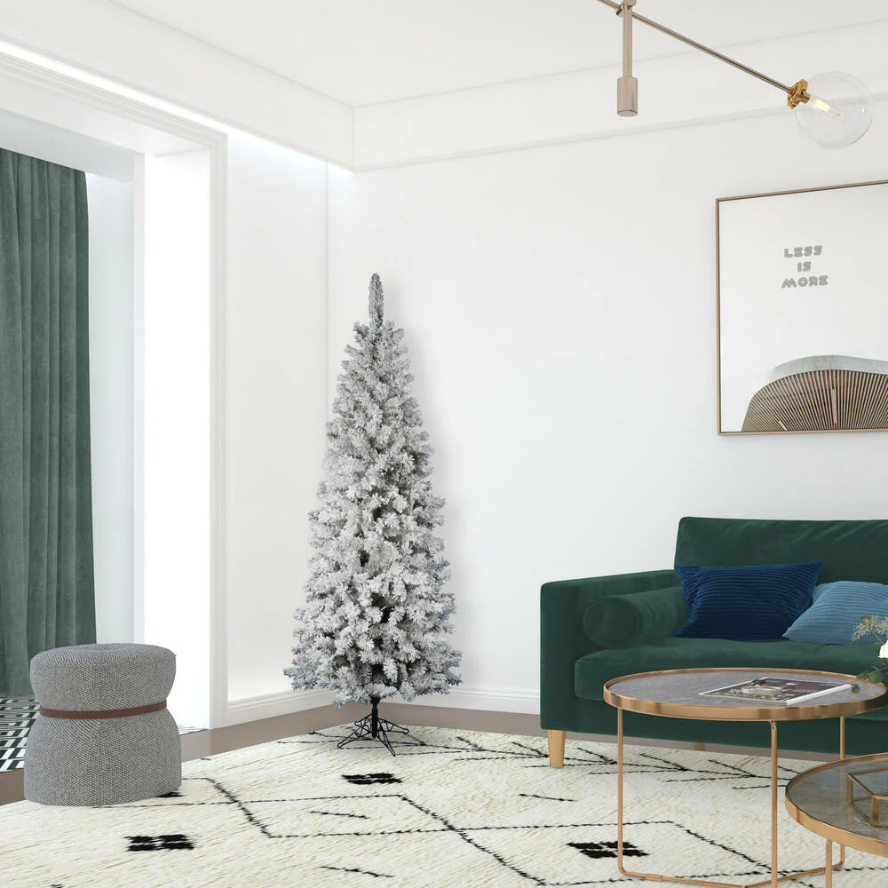 6'6"Hx32"W Flocked Pencil Pacific Pine Artificial Christmas Tree, Unlit -White - Image 6