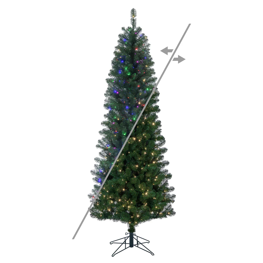 6'6"Hx32"W Slim Salem Pine Artificial Christmas Tree, Micro LED Pre-Lit (Multi-Mode) -Green