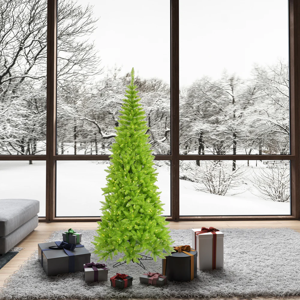 6'6"Hx34"W Slim Fir Artificial Christmas Tree, LED Pre-Lit (Green) -Lime - Image 3