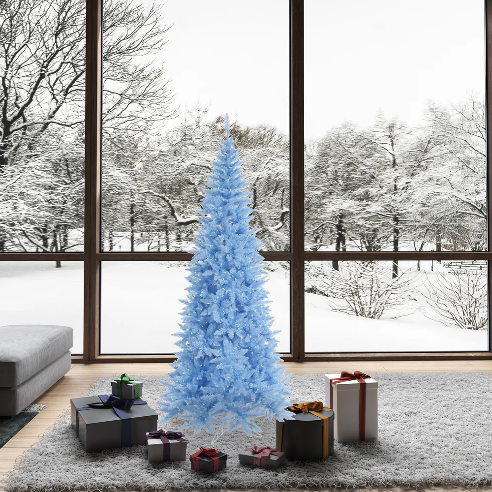 6'6"Hx34"W Slim Fir Artificial Christmas Tree, LED Pre-Lit (Sky Blue) -Sky Blue - Image 3