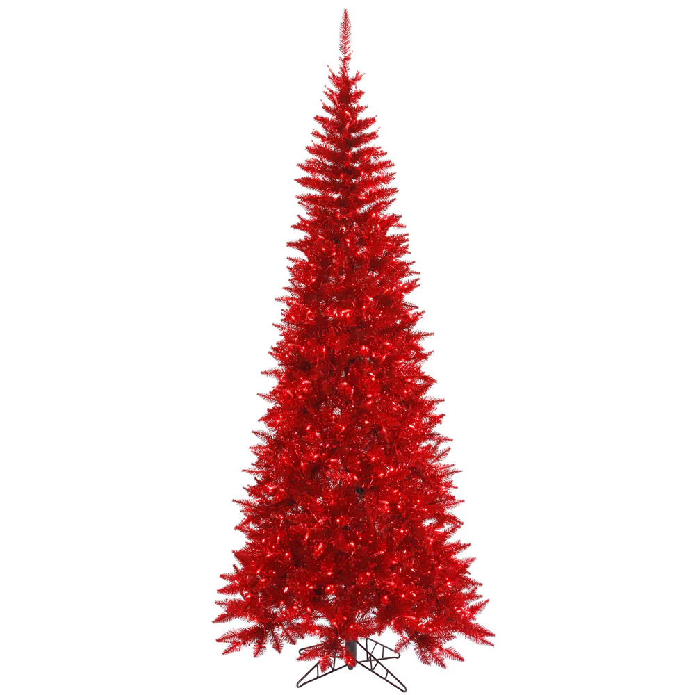 6'6"Hx34"W Tinsel Slim Fir Artificial Christmas Tree, LED Pre-Lit (Red) -Red