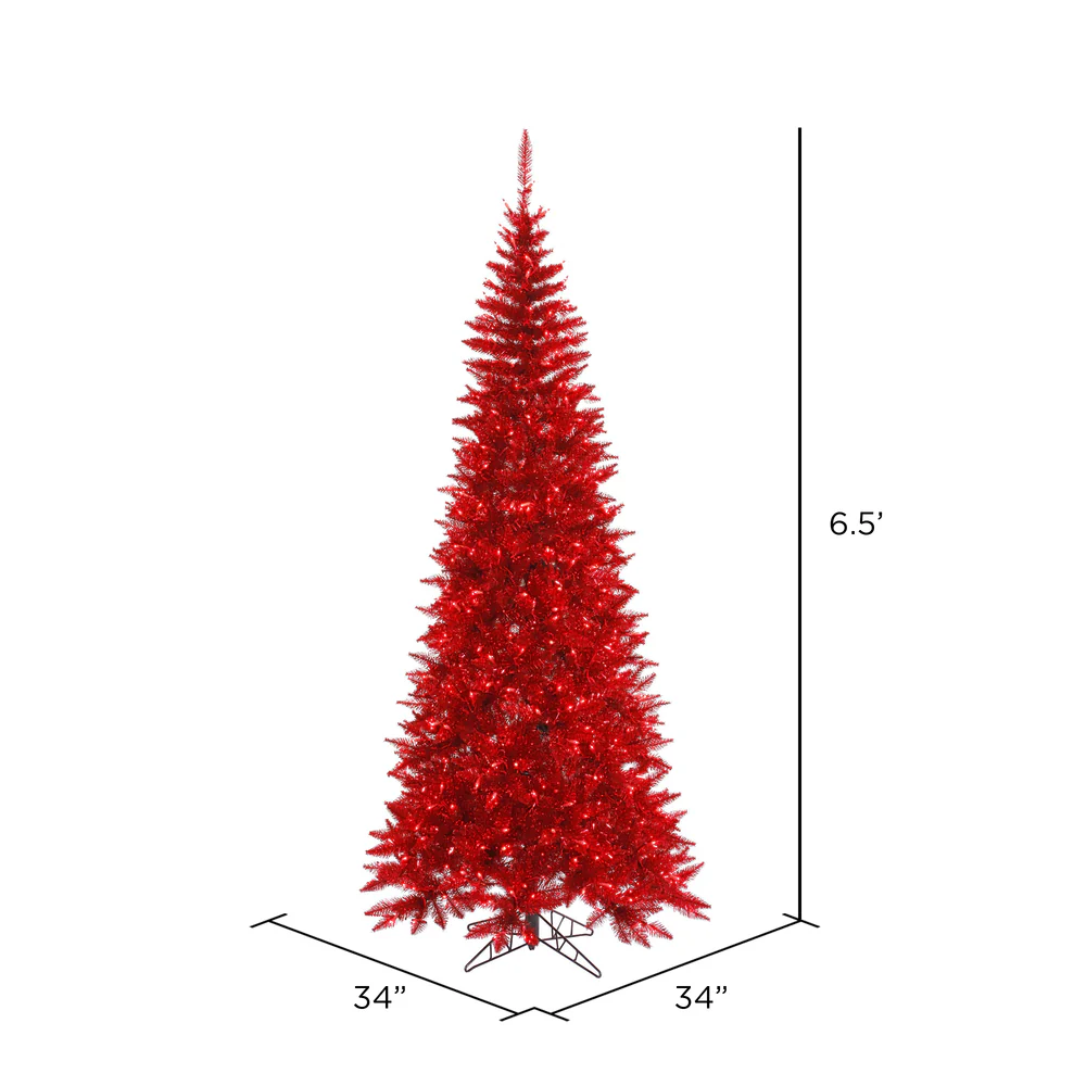 6'6"Hx34"W Tinsel Slim Fir Artificial Christmas Tree, LED Pre-Lit (Red) -Red - Image 2