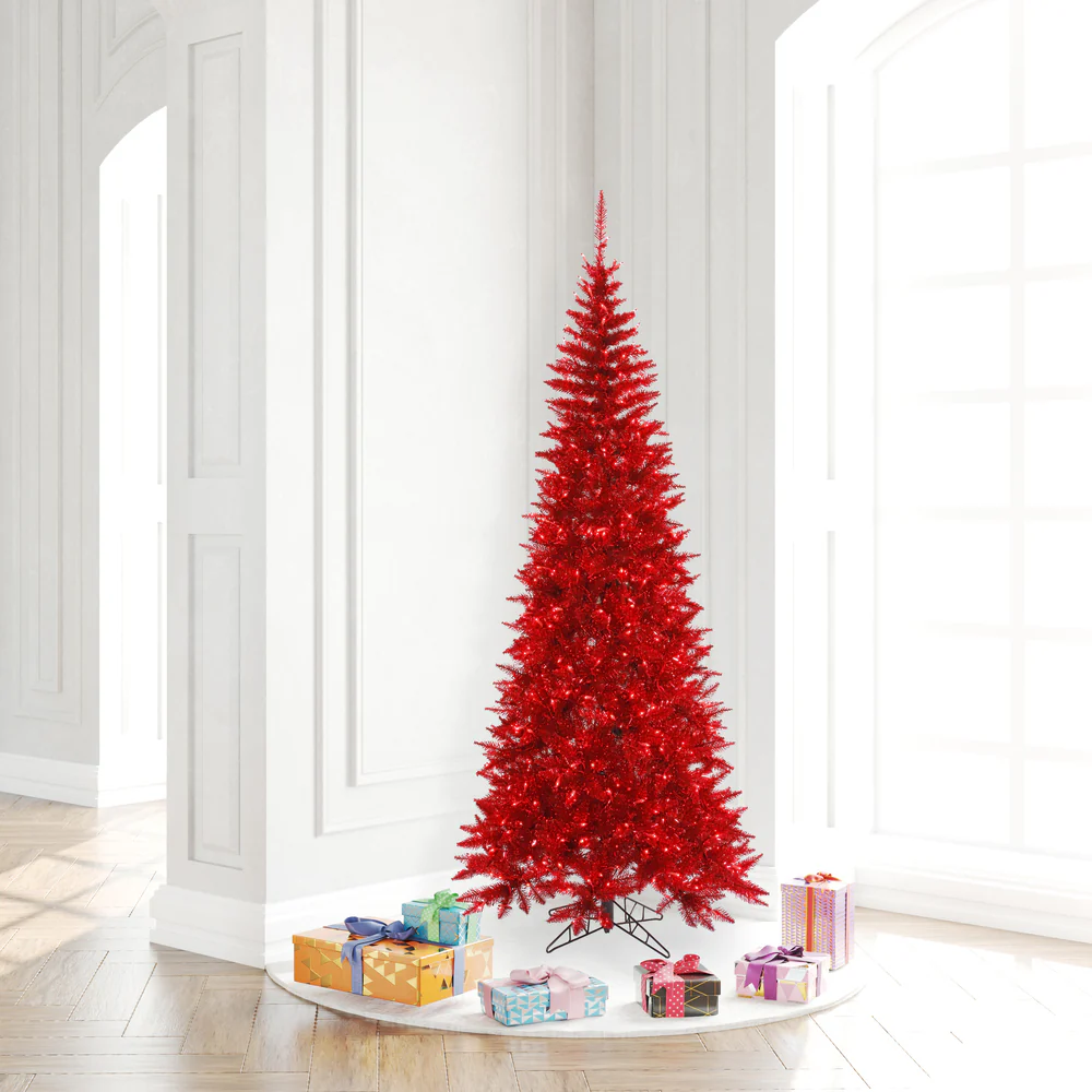 6'6"Hx34"W Tinsel Slim Fir Artificial Christmas Tree, LED Pre-Lit (Red) -Red - Image 3