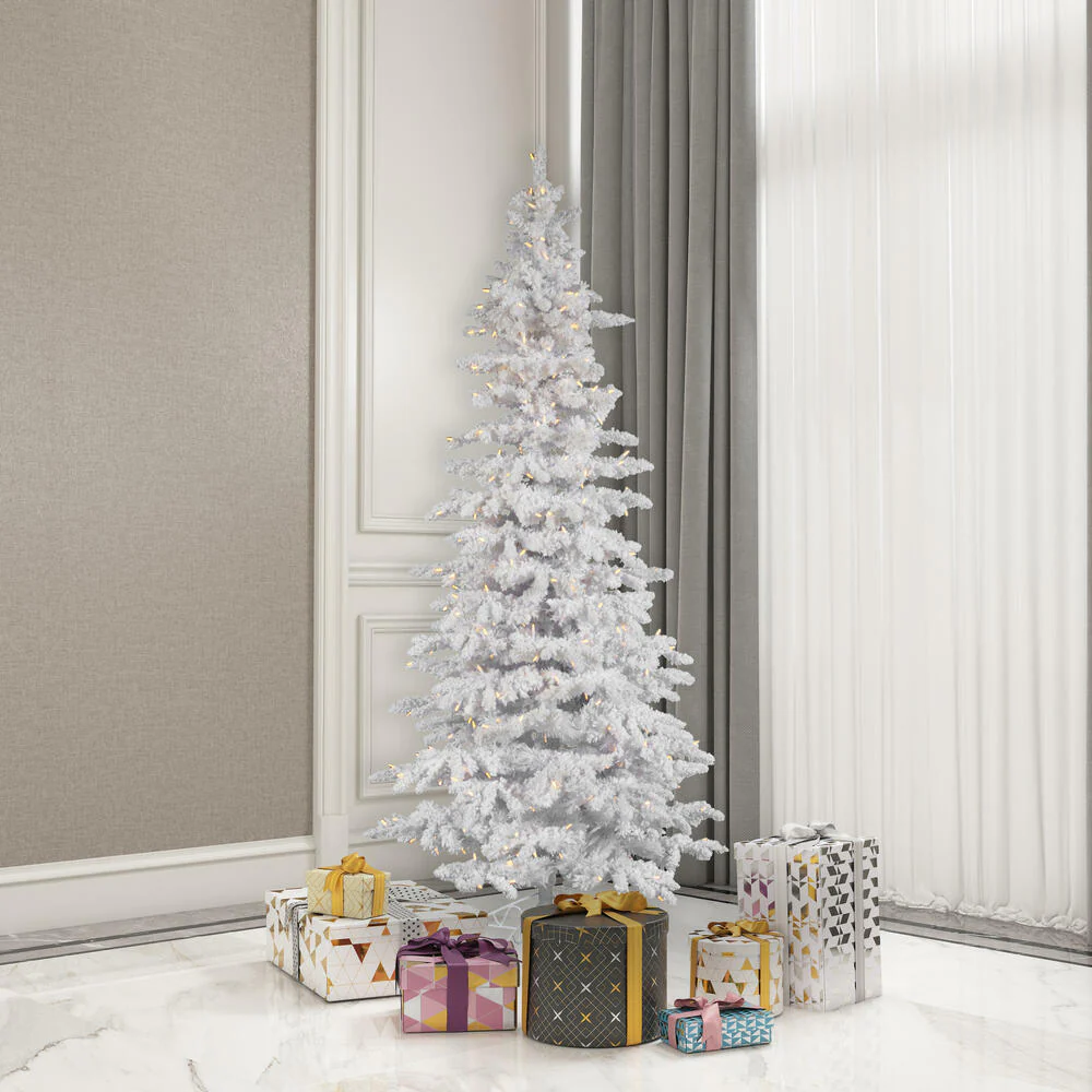 6'6"Hx39"W Flocked Slim White Spruce Artificial Christmas Tree, LED Pre-Lit -White - Image 5