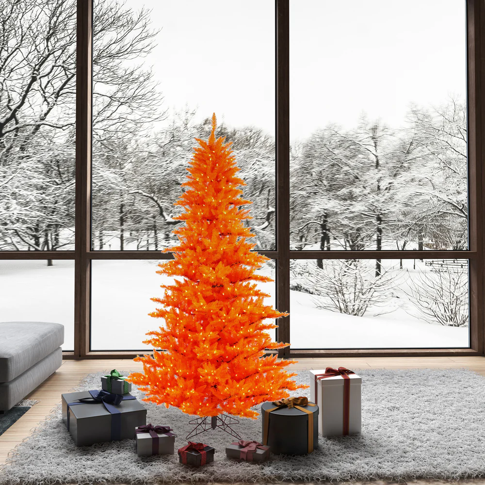 6'6"Hx46"W Fir Artificial Christmas Tree, LED Pre-Lit (Orange) -Orange - Image 3