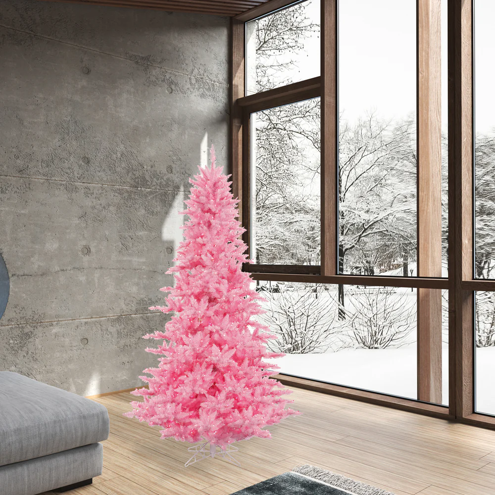 6'6"Hx46"W Fir Artificial Christmas Tree, LED Pre-Lit (Pink) -Pink - Image 3