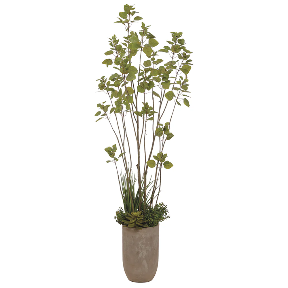 6'9" Soft-Touch Artificial Cotinus Tree, Grass & Succulent w/Fiber Cement Pot -Green
