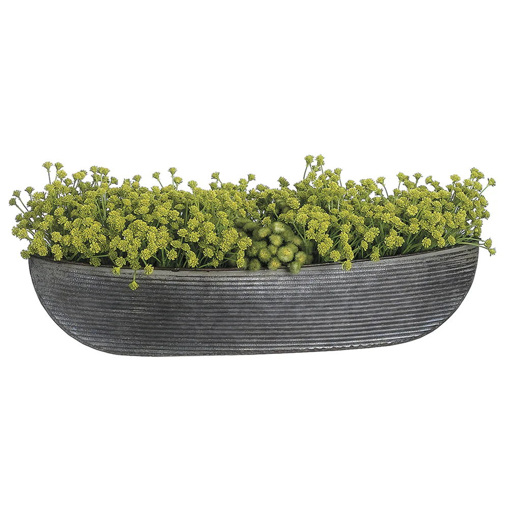 6"Hx18"W Baby's Breath & Meadow Flower Silk Flower Arrangement w/Tin Oval Container -Green