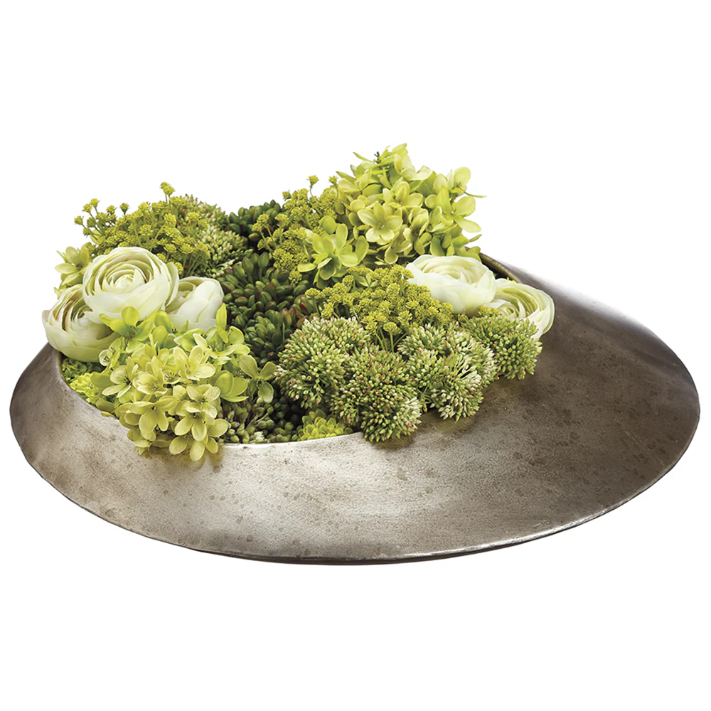 6"Hx19"W Hydrangea, Ranunculus & Sedum Silk Flower Arrangement w/Metal Vase -Green/Lime