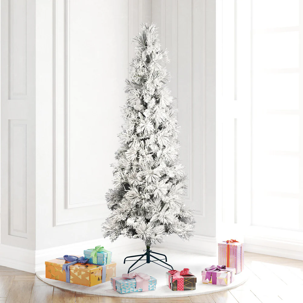 6'Hx30"W Flocked Pencil Atka Pine Artificial Christmas Tree, Unlit -White - Image 4