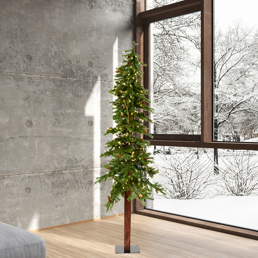 6'Hx33"W Natural Trunk Alpine Artificial Christmas Tree With Pinecone & Vines, LED Pre-Lit -Green - Image 5