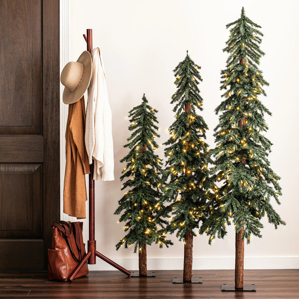 6'Hx33"W Set Of Natural Trunk Alpine Artificial Christmas Trees, LED Pre-Lit -Green - Image 7