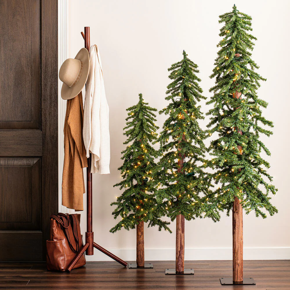 6'Hx33"W Set Of Natural Trunk With Bark Alpine Artificial Christmas Trees, LED Pre-Lit -Green