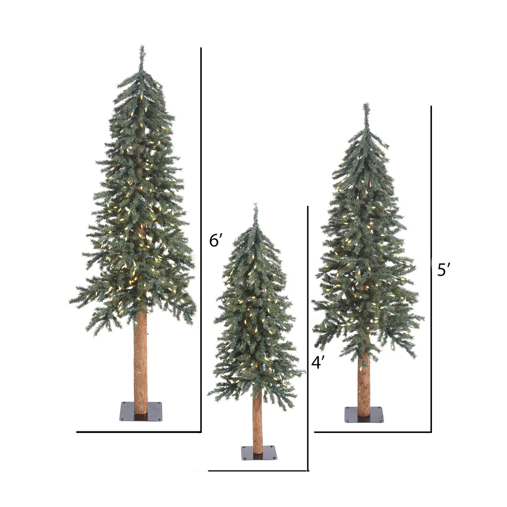6'Hx33"W Set Of Natural Trunk With Bark Alpine Artificial Christmas Trees, LED Pre-Lit -Green - Image 4