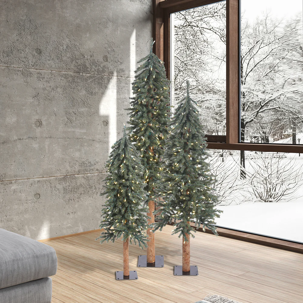 6'Hx33"W Set Of Natural Trunk With Bark Alpine Artificial Christmas Trees, LED Pre-Lit -Green - Image 7