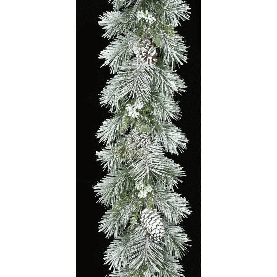 6'Lx12"W Flocked Long Leaf & Pinecone Artificial Garland -White/Green (Pack of 2)