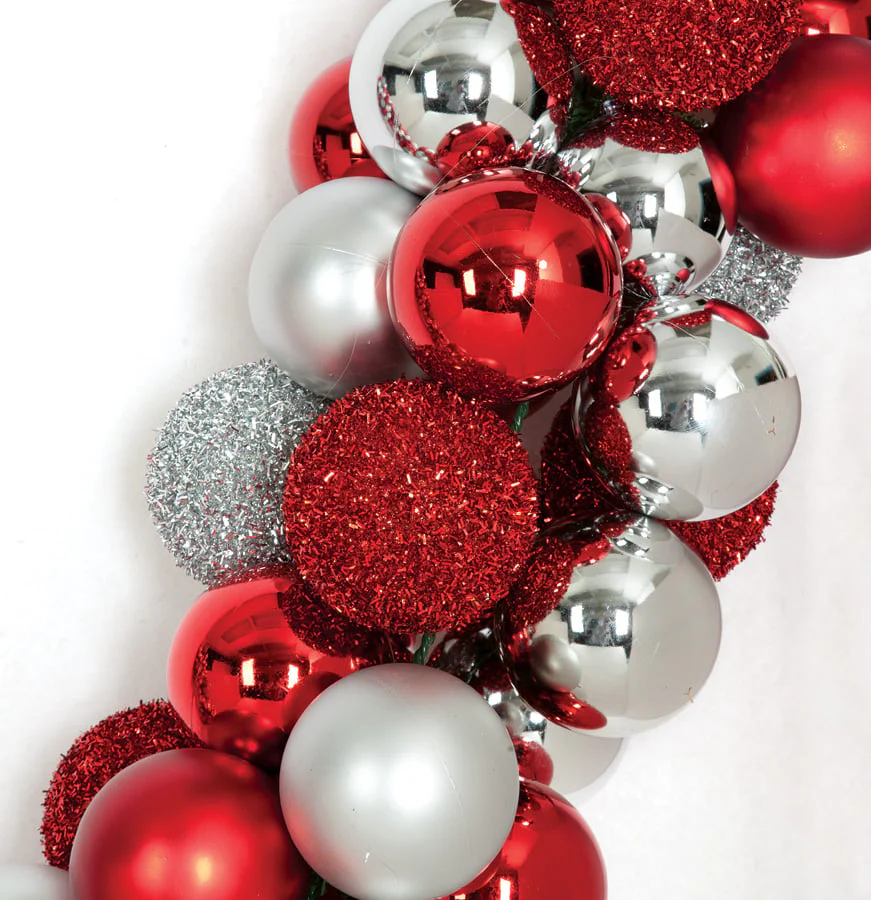 6'Lx8"W Plastic Mixed Ball Artificial Garland -Red/Silver - Image 3