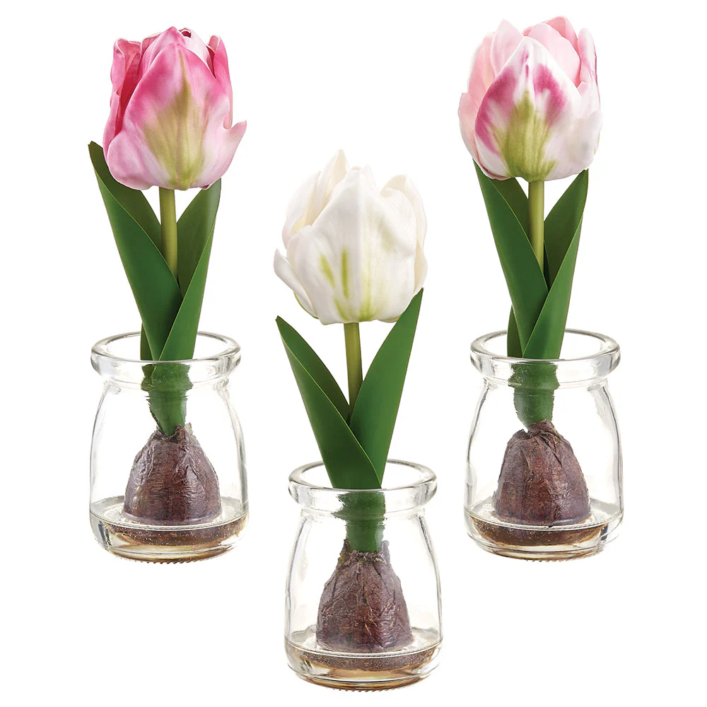7.5" Set Of Tulips & Bulb Silk Flower Arrangements w/Glass Vase -2 Tone Pink