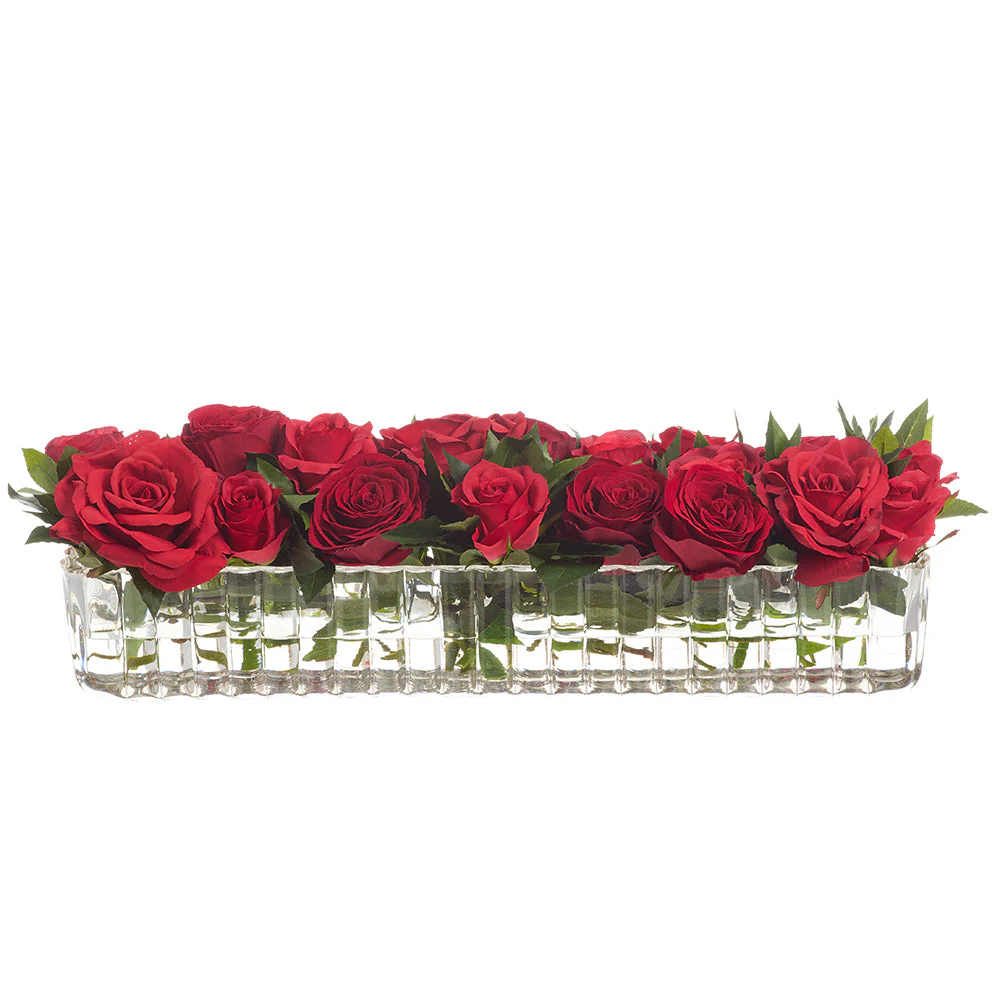 7.5"Hx28"W Rose Silk Flower Arrangement w/Ribbed Glass Vase -Red