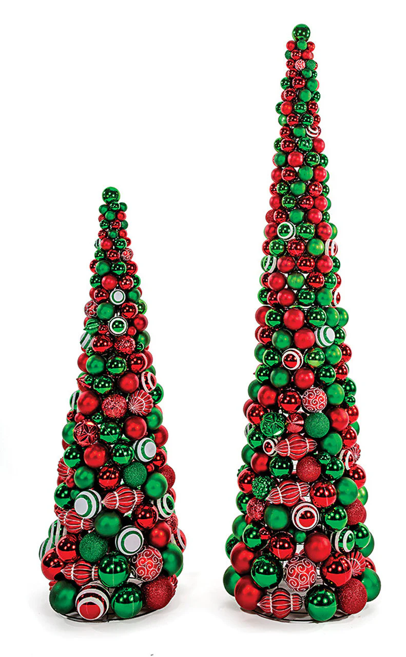 7' Matte & Reflective Plastic Ball Cone Topiary -Red/Green - Image 2