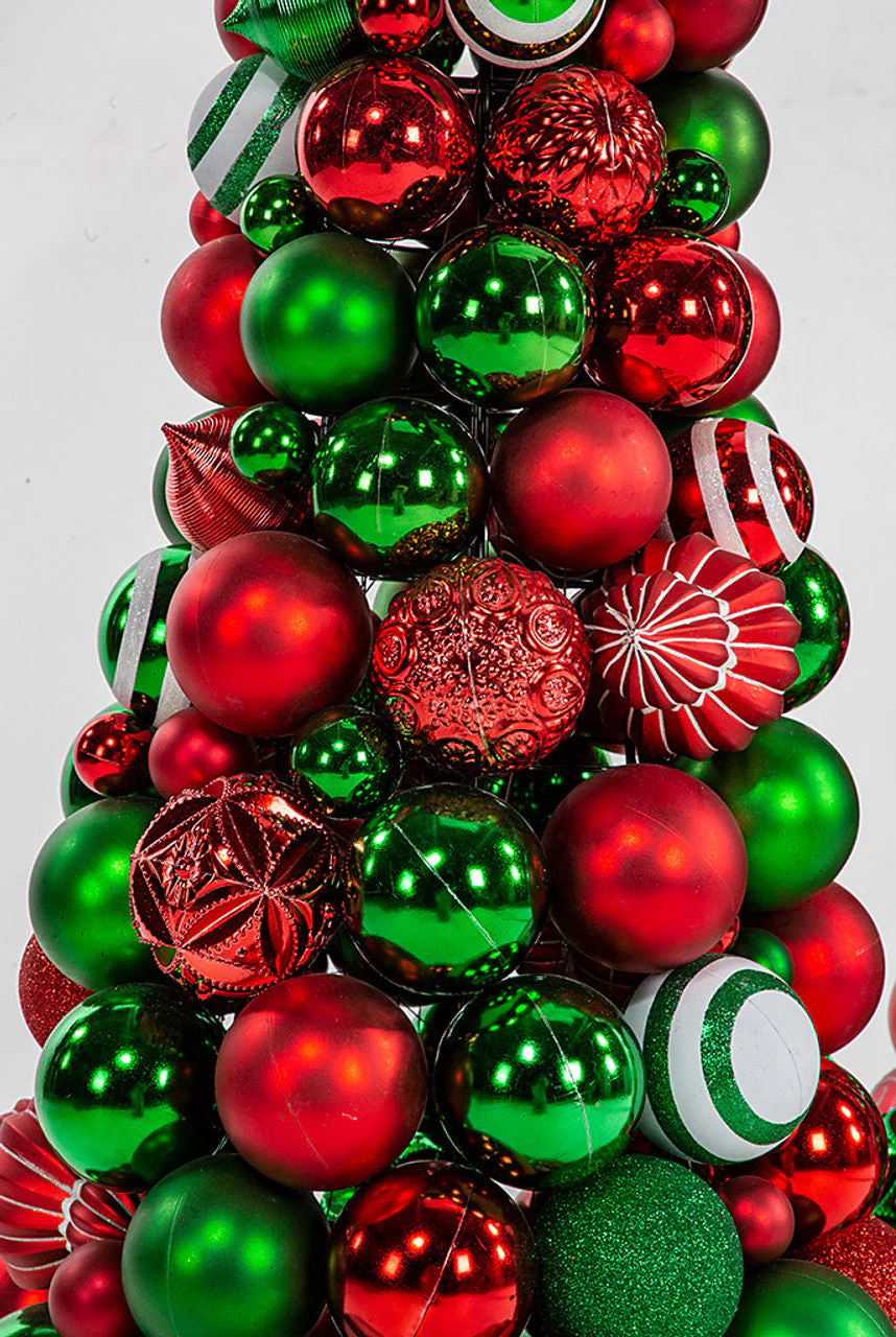 7' Matte & Reflective Plastic Ball Cone Topiary -Red/Green - Image 3